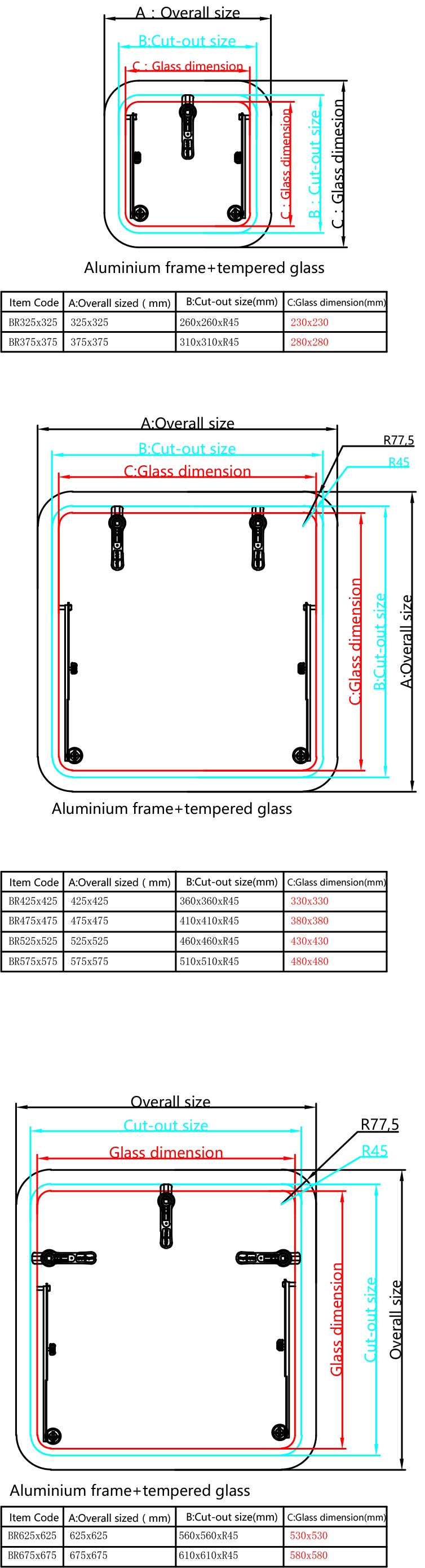 20.7“x20.7"(525*525)Boat Accessories Aluminum Boat Hatch Porthole Window Tempered Glass Side Marine Windows